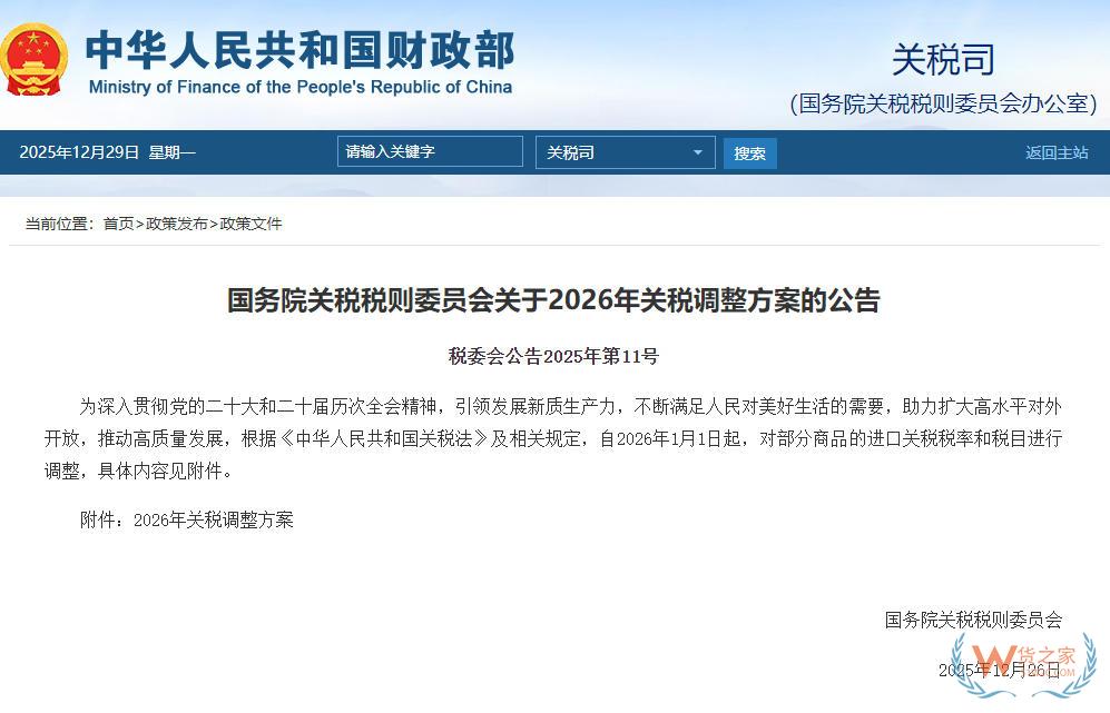 自2026年1月1日起,对部分商品的进口关税税率和税目进行调整-货之家